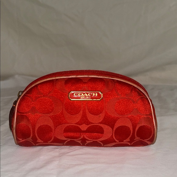 Coach Estee Lauder Cosmetic Bag Red With Red Metallic Leather Trim - Picture 1 of 11